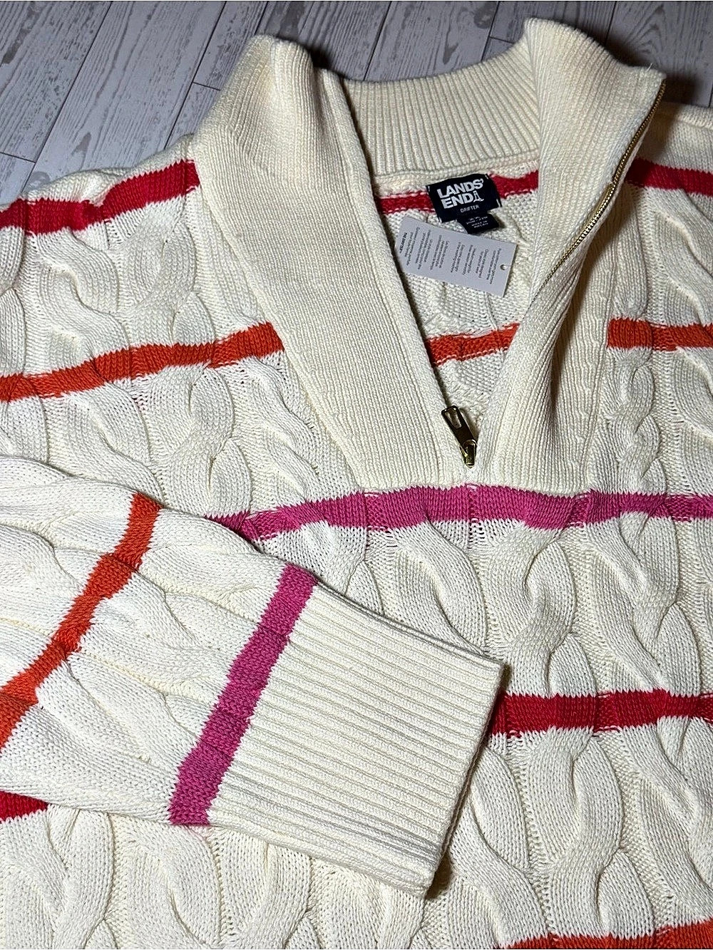 NWT Lands’ End Drifter Women’s 2X Cable Knit Quarter Zip Sweater Cream Striped